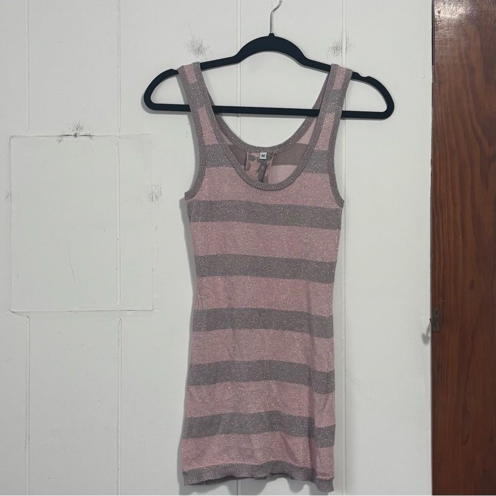 Y2K Young Fabulous & Broke Pink and Gray Striped‎ Sparkle Tank Top Medium